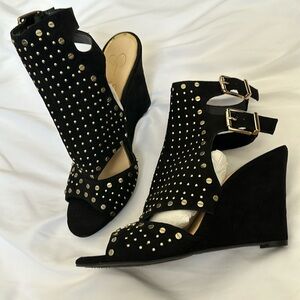 Jessica Simpson, Black Suede Wedges with gold rhinestones. Size 9.5